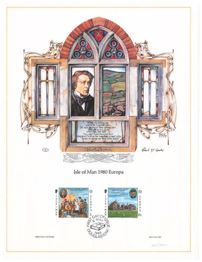 1980 Isle of Man Limited Edition Lithographed Print measuring 333mm X 257mm showing Europa Personalities Commemorative Stamps with First Day of Issue Cancel