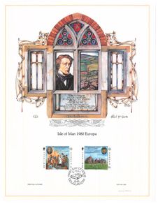 1980 Isle of Man Limited Edition Lithographed Print measuring 333mm X 257mm showing Europa Personalities Commemorative Stamps with First Day of Issue Cancel