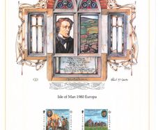 1980 Isle of Man Limited Edition Lithographed Print measuring 333mm X 257mm showing Europa Personalities Commemorative Stamps with First Day of Issue Cancel