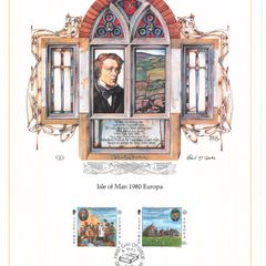 1980 Isle of Man Limited Edition Lithographed Print measuring 333mm X 257mm showing Europa Personalities Commemorative Stamps with First Day of Issue Cancel