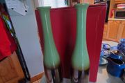 Very Decorative Set Of 2 Glazed Olive Green 40 Cm. Tall Vases With Browne Center.