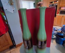 Very Decorative Set Of 2 Glazed Olive Green 40 Cm. Tall Vases With Browne Center.