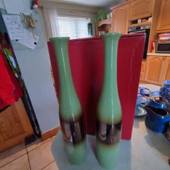 Very Decorative Set Of 2 Glazed Olive Green 40 Cm. Tall Vases With Browne Center.