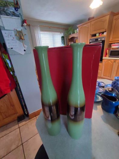 Very Decorative Set Of 2 Glazed Olive Green 40 Cm. Tall Vases With Browne Center.
