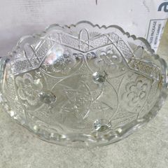 Vintage from the 1940s Brilliant Vintage Footed Cut Glass Bowl. Large Crystal Dish Floral Design Throughout