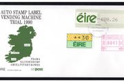 1990 Ireland Auto Stamp Label Vending Machine Stamp Trial An Post First Day Cover (FDC). Stamps from Fram (Dublin), Klussendorf (Limerick) and Pitney-Bowes (Cork)