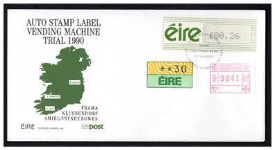 1990 Ireland Auto Stamp Label Vending Machine Stamp Trial An Post First Day Cover (FDC). Stamps from Fram (Dublin), Klussendorf (Limerick) and Pitney-Bowes (Cork)