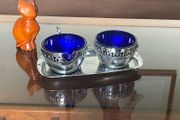 Vintage Silver Chromed Metal Cobalt Blue Glass Sugar and Creamer Set Serving Tray