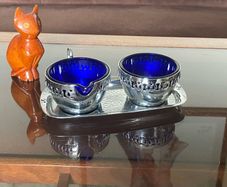 Vintage Silver Chromed Metal Cobalt Blue Glass Sugar and Creamer Set Serving Tray