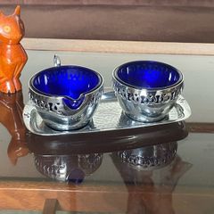 Vintage Silver Chromed Metal Cobalt Blue Glass Sugar and Creamer Set Serving Tray