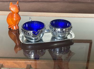 Vintage Silver Chromed Metal Cobalt Blue Glass Sugar and Creamer Set Serving Tray