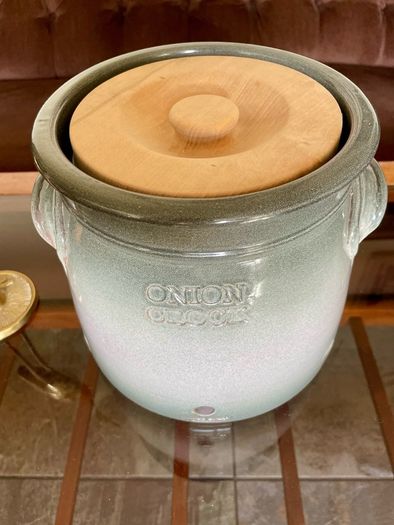 Handcrafted Kiltrea Bridge Pottery Stoneware Onion Crock Smooth Sage Green Glaze Embossed Onion Crock