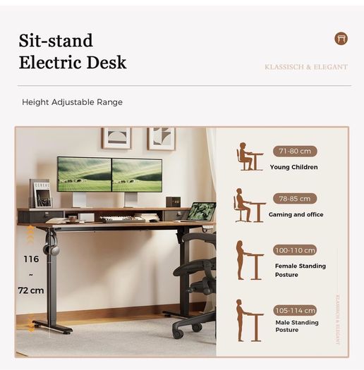 Electric Height Adjustable Desk, with 2 Fabric Drawers, 120x60cm 72-116cm Height, Stable Sit-Stand Standing Desk w. 2 Memory Buttons, Computer Desk for Home Office, 2 pcs Desktops, Brown