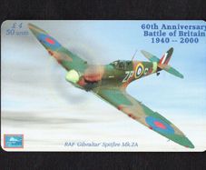 2000 Gibraltar 50 unit 60th Anniversary of Battle of Britain showing RAF Gibraltar Spitfire Wk2A ( Siemens - S5 (Module 33)) Phonecard