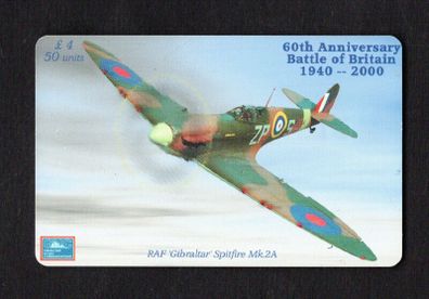 2000 Gibraltar 50 unit 60th Anniversary of Battle of Britain showing RAF Gibraltar Spitfire Wk2A ( Siemens - S5 (Module 33)) Phonecard