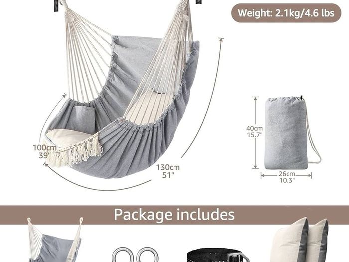 NEW SALE | Hammock Chair Hanging Swing 2 Seat Cushions Included,Strong Webbing Straps and Hooks for Easy Hanging Soft Cotton Weave Hanging Chair Side Pocket Large Tassel Chair Set Comfort Indoor Outdoor