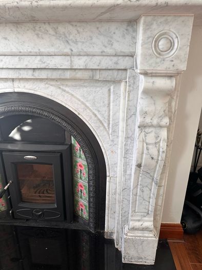 stanley stove&marble fireplace