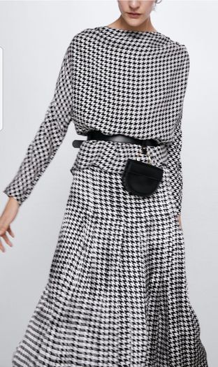 Zara midi black and white box pleated hundstooth skirt XS