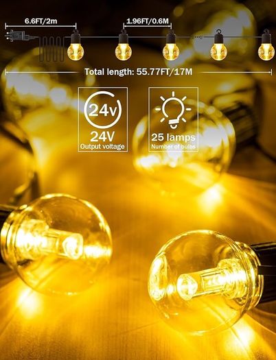 Garden String Festoon Lights - 17M / 55.77FT Garden LED Lights Outdoor Lights Mains Powered Waterproof & 25 Shatterproof Outdoor Patio Lights for Backyard Gazebo Pergola Cafe Party