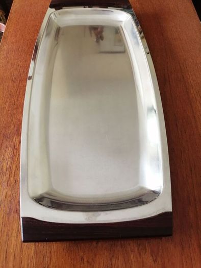 Vintage DKF Lundtofte Danish Stainless Steel Serving Dish Teak Handles