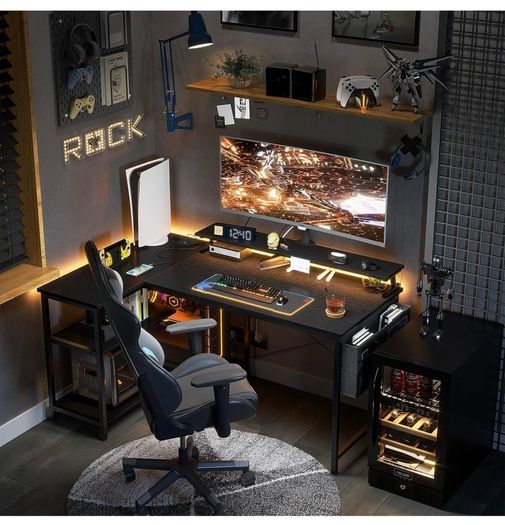L Shaped Gaming Desk with LED Lights, 120 x 80 cm Computer Desk with Power Outlet