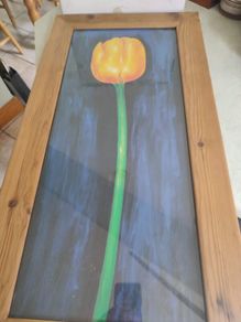 Lovely Framed Print Of Yellow Tulip On Blue In Tall Pine Wood Frame.