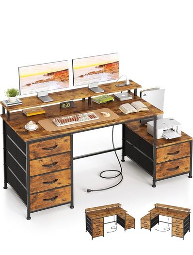 128cm Desk with Fabric File Cabinet, Computer Desk with Shelves and Drawers
