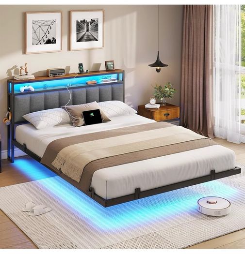 Double Bed Frame 135x190 cm with Floating Visual Effect, 4ft6 Metal Bed Frame with Adjustable LED Lighting and Charging Station, Double Bed with Headboard, Dark Grey (Mattress Not Included)