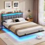 Double Bed Frame 135x190 cm with Floating Visual Effect, 4ft6 Metal Bed Frame with Adjustable LED Lighting and Charging Station, Double Bed with Headboard, Dark Grey (Mattress Not Included) Image 10