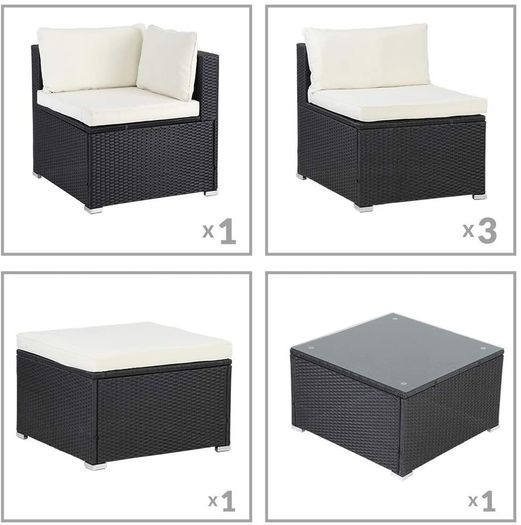 _Poly Rattan XL Lounge Set with Thick Cushions and Pillows Garden Lounge Garden Furniture Set, Black & Cream