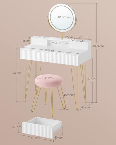 LED Dressing Table with Stool charging station and Mirror with 2 Drawers
