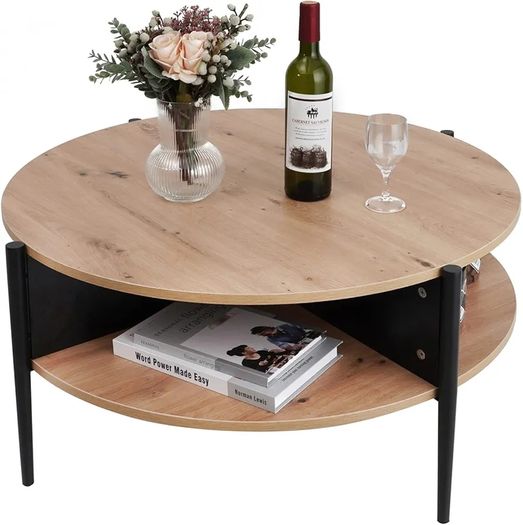 Wood Round Coffee Table with 2 Tier Storage Partitioned Shelf Industrial Modern Design Sofa Table for Living Room