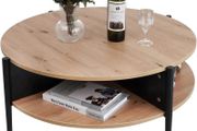 Wood Round Coffee Table with 2 Tier Storage Partitioned Shelf Industrial Modern Design Sofa Table for Living Room