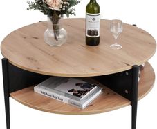Wood Round Coffee Table with 2 Tier Storage Partitioned Shelf Industrial Modern Design Sofa Table for Living Room