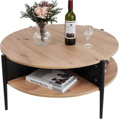 Wood Round Coffee Table with 2 Tier Storage Partitioned Shelf Industrial Modern Design Sofa Table for Living Room