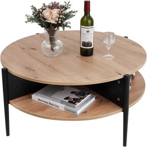 Wood Round Coffee Table with 2 Tier Storage Partitioned Shelf Industrial Modern Design Sofa Table for Living Room