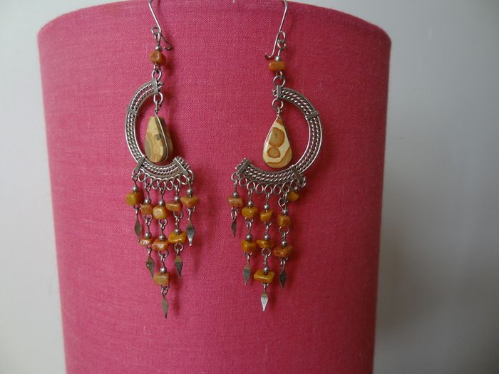 Long Peruvian Silver Gemstone Chakra Earrings New