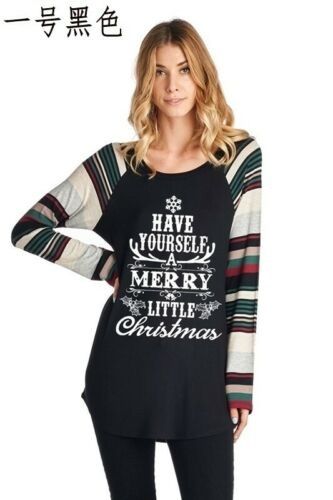 Ladies Women Christmas T Shirt Top Long Sleeve Merry Little Reindeer Holly Jolly