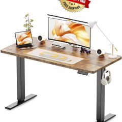 Electric Standing Desk, 120 x 60 cm, Rustic Brown Height Adjustable Desk, 2 Hooks, 4 Memory Heights, 72-118cm, Splice Board, Ergonomic Sit Stand Computer Desk for Home Office