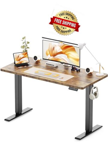 Electric Standing Desk, 120 x 60 cm, Rustic Brown Height Adjustable Desk, 2 Hooks, 4 Memory Heights, 72-118cm, Splice Board, Ergonomic Sit Stand Computer Desk for Home Office