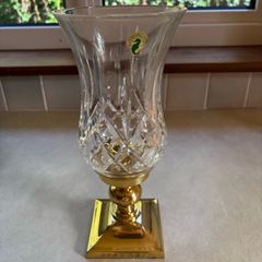 Waterford Crystal Lismore hurricane/candle lamp with a brass/gold-tone pedestal base