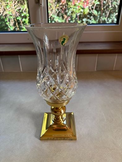 Waterford Crystal Lismore hurricane/candle lamp with a brass/gold-tone pedestal base