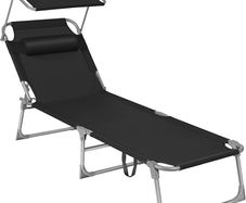 Sun Lounger, Deck Chair Folding, Sunbed, 193 x 53 x 29 cm, Max. Load 150 kg, with Sunshade Headrest Adjustable Backrest, Reclining Sun Chair for Terrace Pool Garden, Black (FREE POSTAGE)