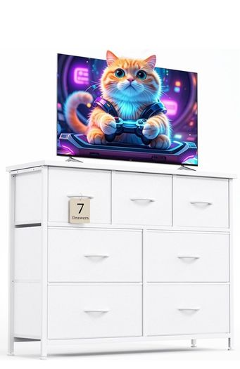 Chest of Drawers for Bedroom with 7 Drawers, Fabric Storage Drawer, Tall White Hallway Storage Unit