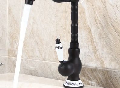 Black Brass Kitchen Bathroom  Mixer Tap Vintage-Style Tall Basin Faucet with Ceramic Handle Hot & Cold, Single Hole Mount