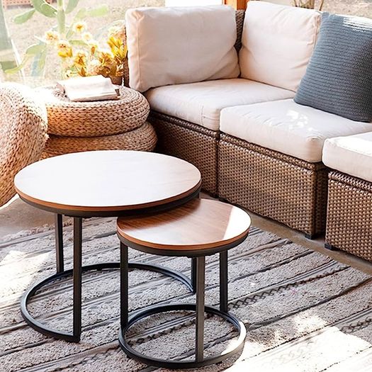 Round Coffee Table, Removable Set of 2 Side Table, Modern Nesting Table with Metal Frame Legs and Wooden Accent Top for Living Room, Bedroom, Office, Balcony, Industrial