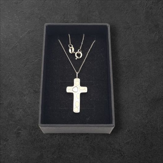 Signed Sterling Silver Cross Necklace, Mother Of Pearl Accent