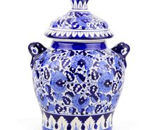 Blue Floral Handmade and Hand Painted Large Ceramic Jar with Lid, Chinese Style Jar | Warehouse Clearance | Massive Discount | Bargain prices
