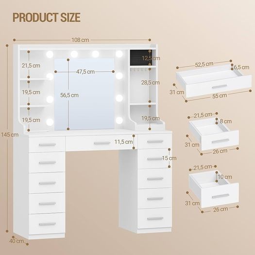 Large Dressing Table with Adjustable Led Light, Dressing Table with Mirror, Vanity with Sockets, 11 Drawers and 6 Jewelry Hooks, Includes Ring Storage, Suitable for Bedroom, White