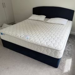 Navy super king bed, mattress,base and headboard